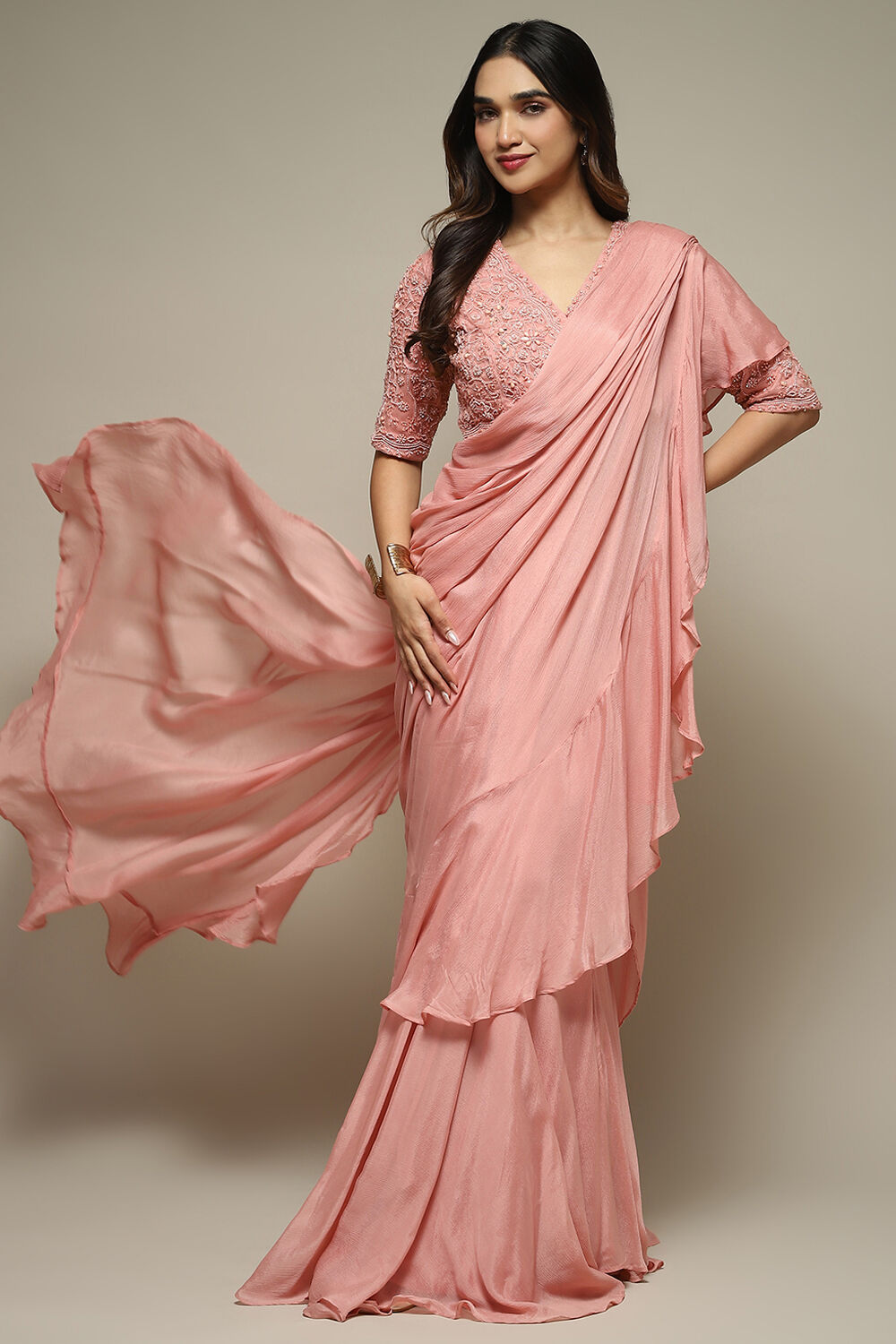 Dusty Pink Pre-Draped Nylon Saree With A Stitched Blouse image number 0