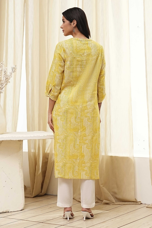 Yellow Cotton Printed Straight Kurta image number 3