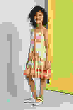 Cream-Colored Floral Gathered Flared Dress image number 2