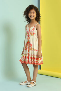 Cream-Colored Floral Gathered Flared Dress image number 2
