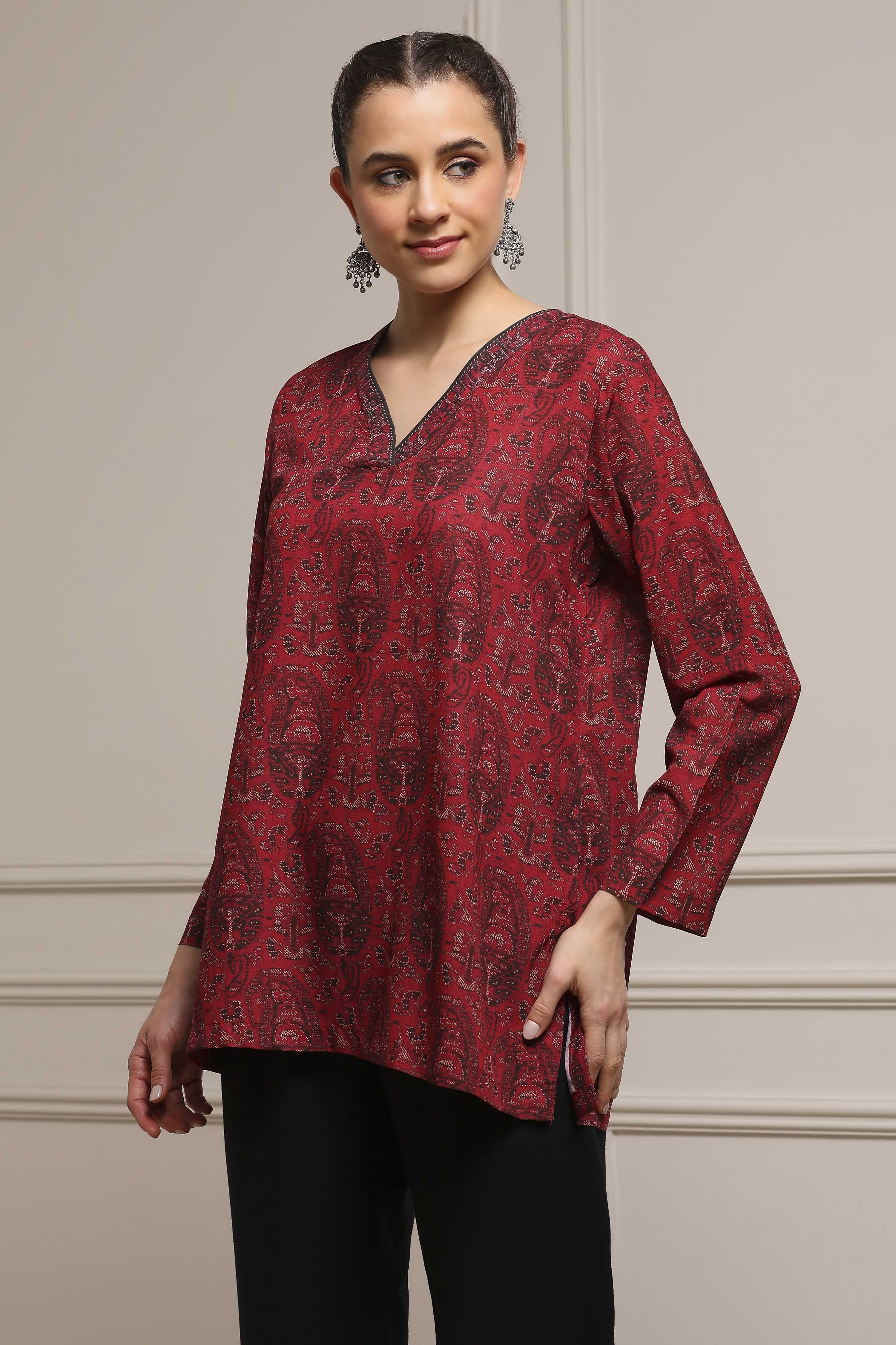 Maroon Black Polyester Straight Printed Kurta image number 2