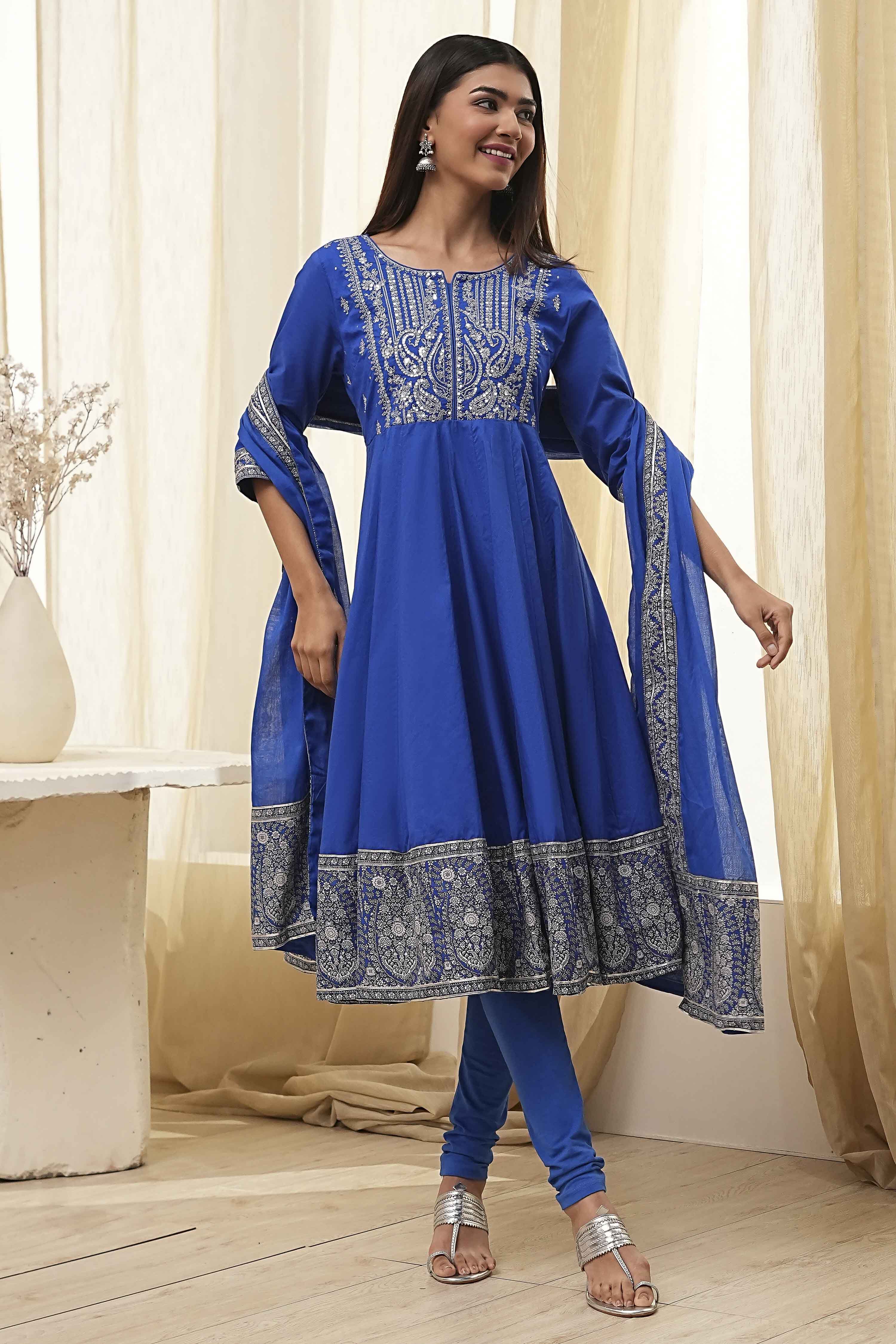 Blue Cotton Embroidered Anarkali Suit Set image number 0