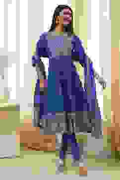 Blue Cotton Embroidered Anarkali Suit Set image number 0