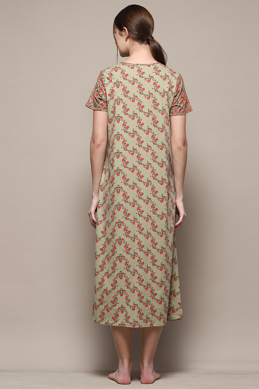 Sage Green Cotton Blend Printed Nightdress image number 3