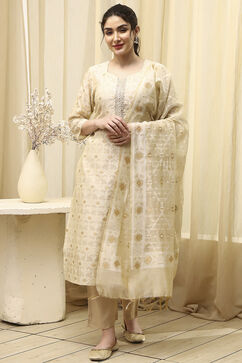Beige Chanderi Jamdani Unstitched Suit Set image number 7