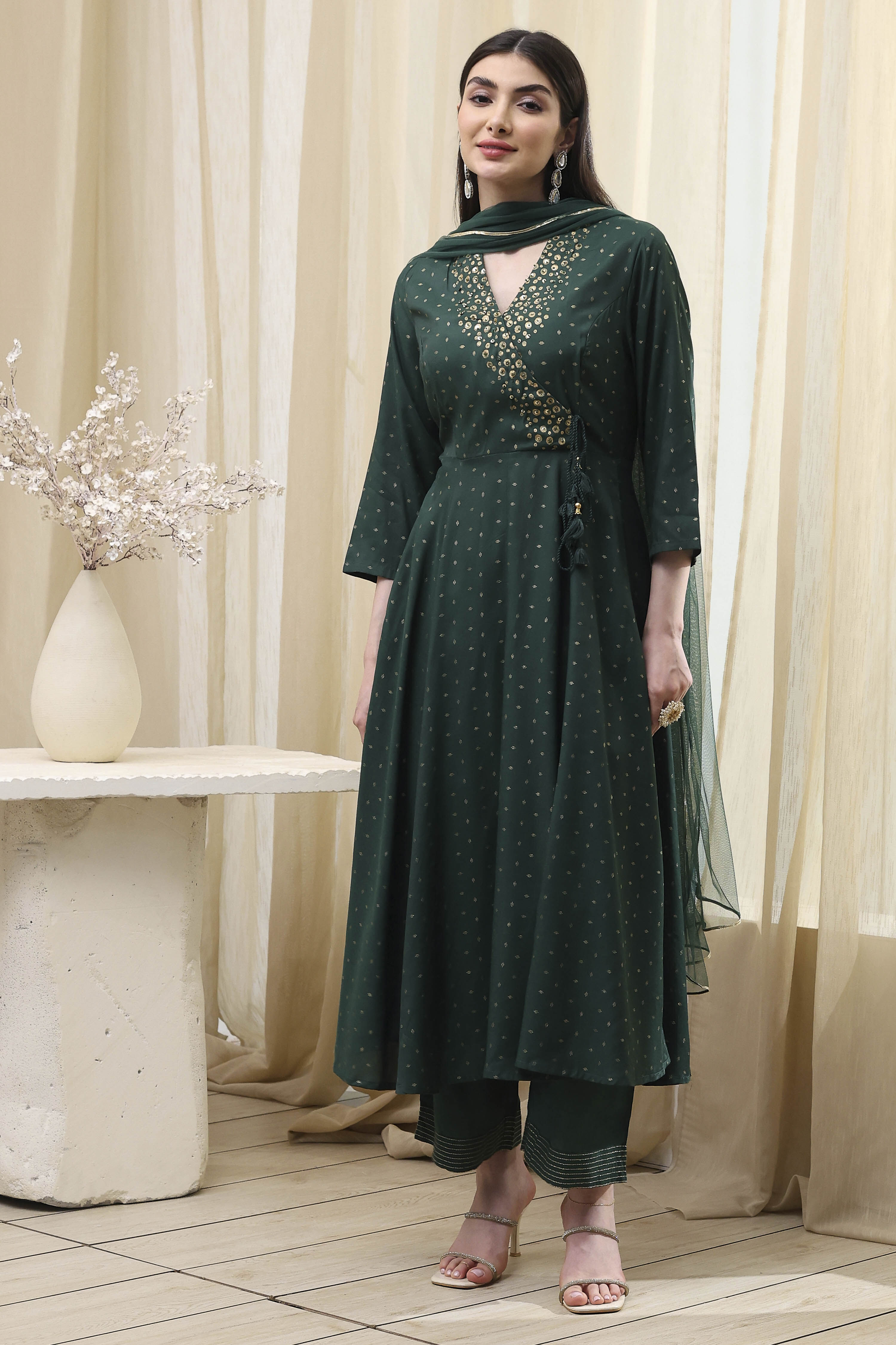 Dark Green Shantoon Printed Anarkali Suit Set image number 6