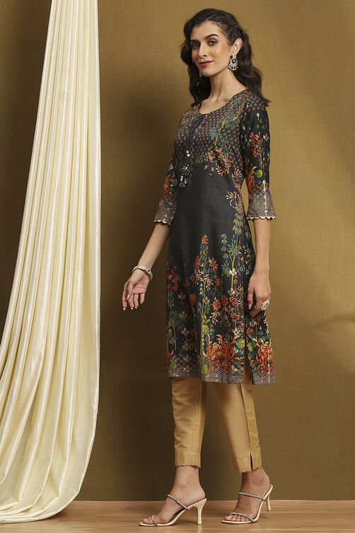 Black Cotton Floral Printed Straight Kurta image number 2