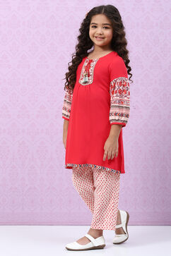 Red Rayon Flared Printed Kurta Set image number 0
