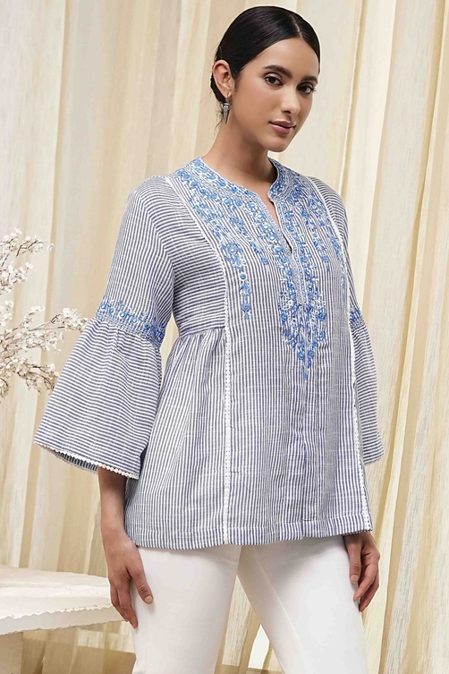 Blue Cotton Striped Straight Short Kurta image number 3