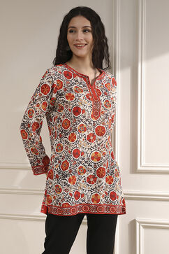 Off White-Red Polyester Straight Printed Short Kurta image number 4