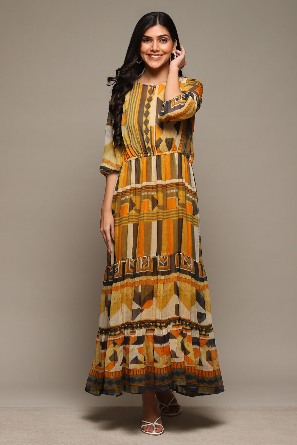 Black Cotton Blend Tiered Printed Dress image number 5