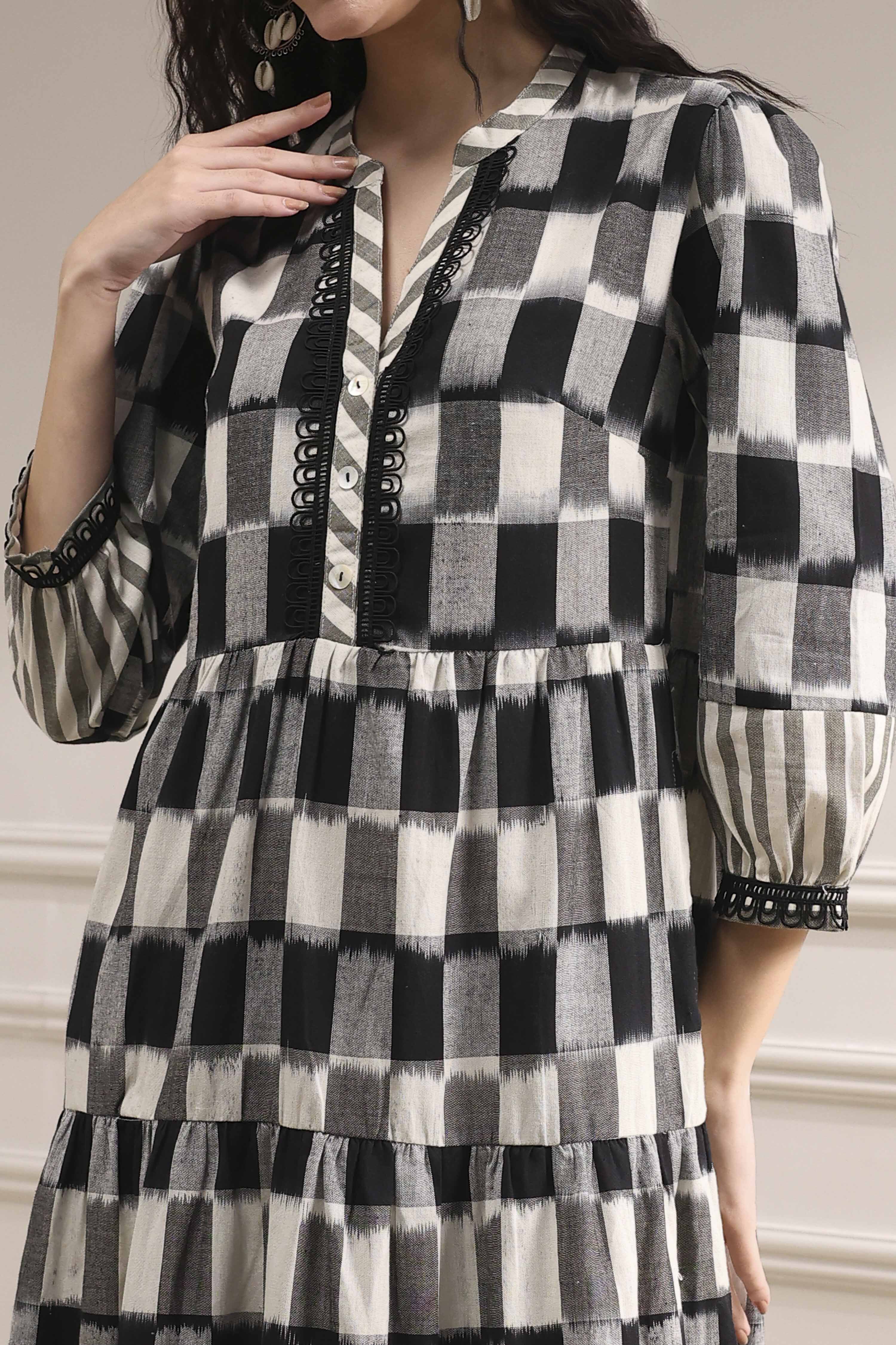 Black and White Cotton Tiered Dress image number 1