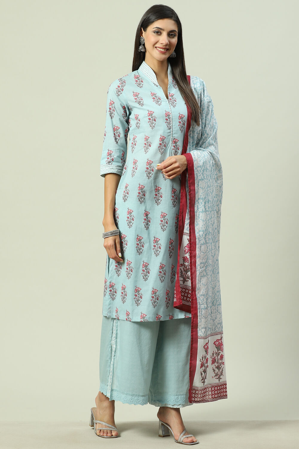 Sky Blue Cotton Straight Kurta Palazzo Suit Set image number 0
