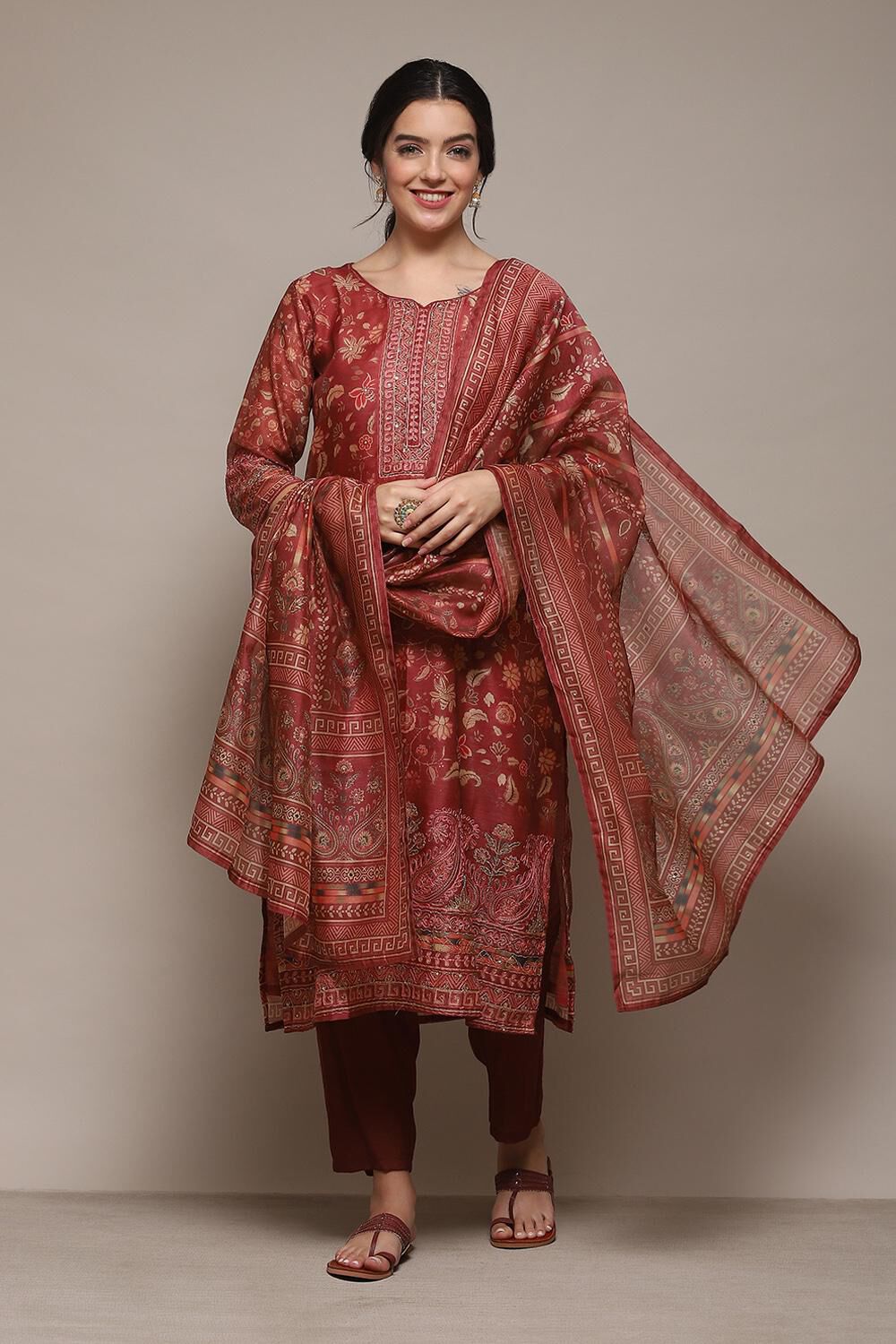 Maroon Chanderi Unstitched Suit Set image number 1