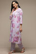 White & Pink Cotton Gathered Kurta Pants Suit Set image number 4
