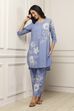 Blue Cotton Floral Printed Straight Suit Set