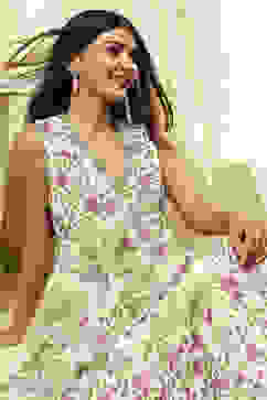 Off-White and Green Cotton Floral Tiered Dress image number 0