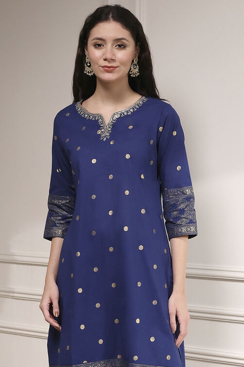 Blue Cotton Printed Straight Suit Set image number 1