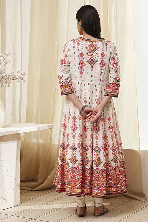 Ecru Cotton Printed Anarkali Suit Set image number 4