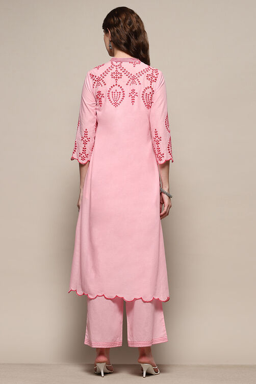 Yellow Cotton Schiffli Kurta & Palazzo Suit Set image number 4