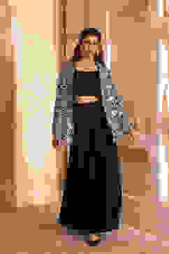 Black Poly Georgette Fitted Embroidered Fusion Set image number 4