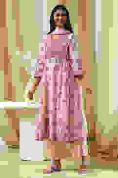 Peach-Colored Cotton Floral Flared Suit Set image number 3