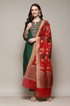 Green & Red Poly Viscose Straight Kurta Slim Pant Suit Set image number 7