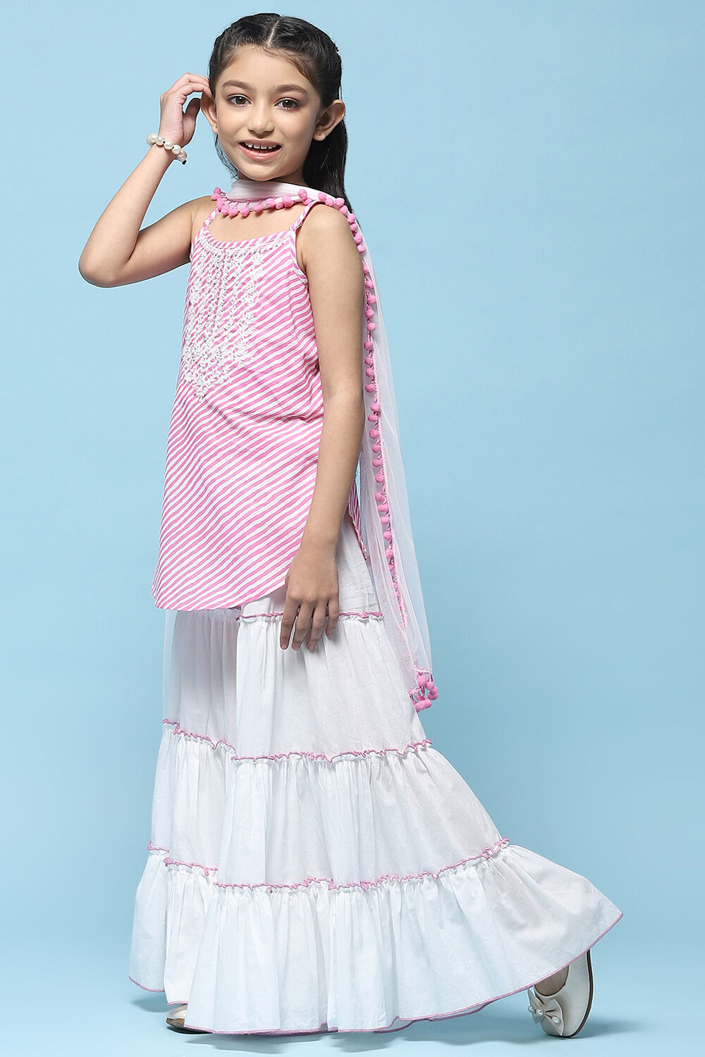 Pink Lehriya Cotton Kurta With Sharara & Net Dupatta image number 4