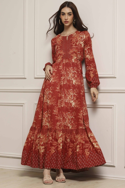 Buy Rust Floral Printed Tiered Flared Dress Online at Biba India Buy Rust Floral Printed Tiered Flared Dress Online at Biba India