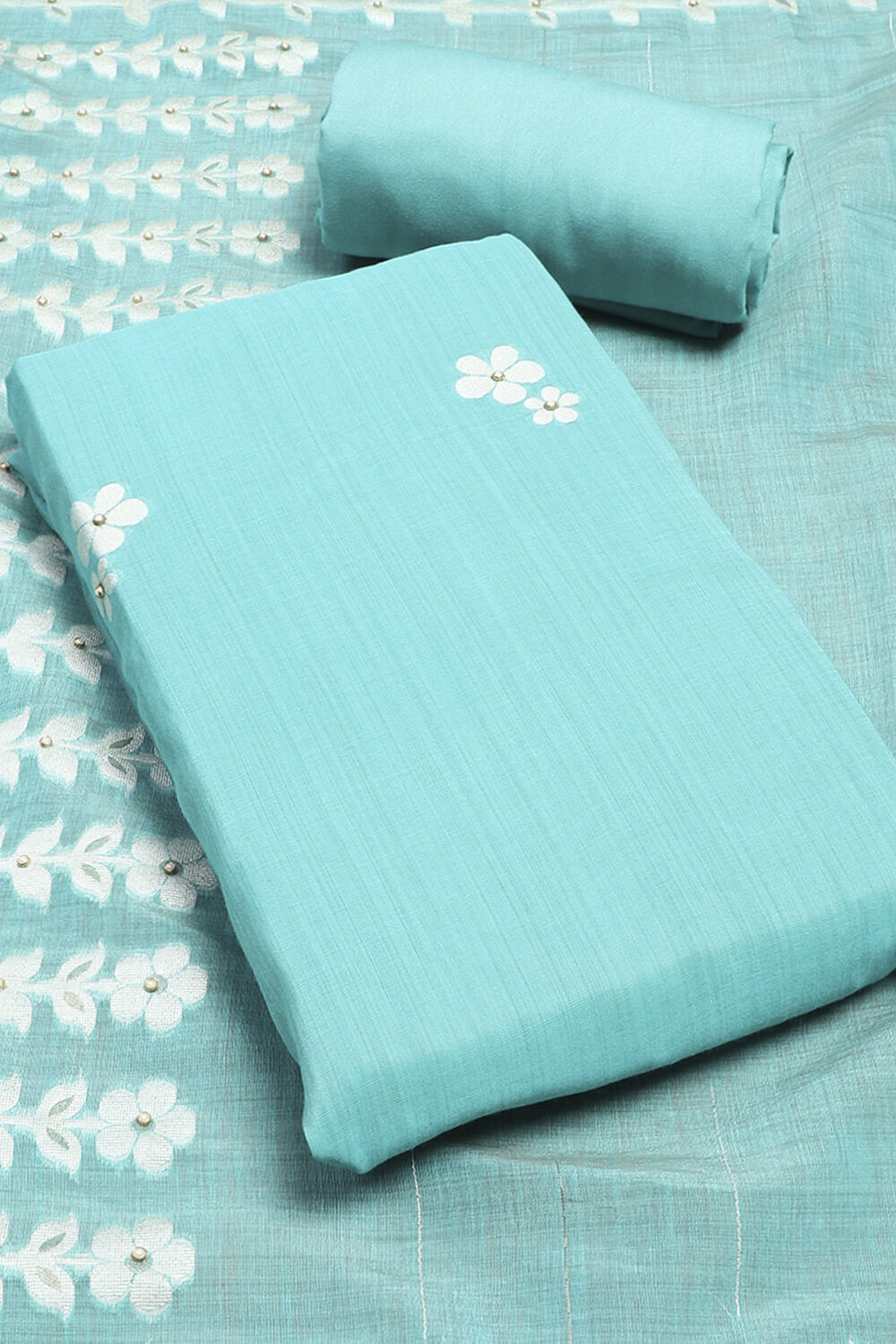 Blue Chanderi Unstitched Suit Set image number 1