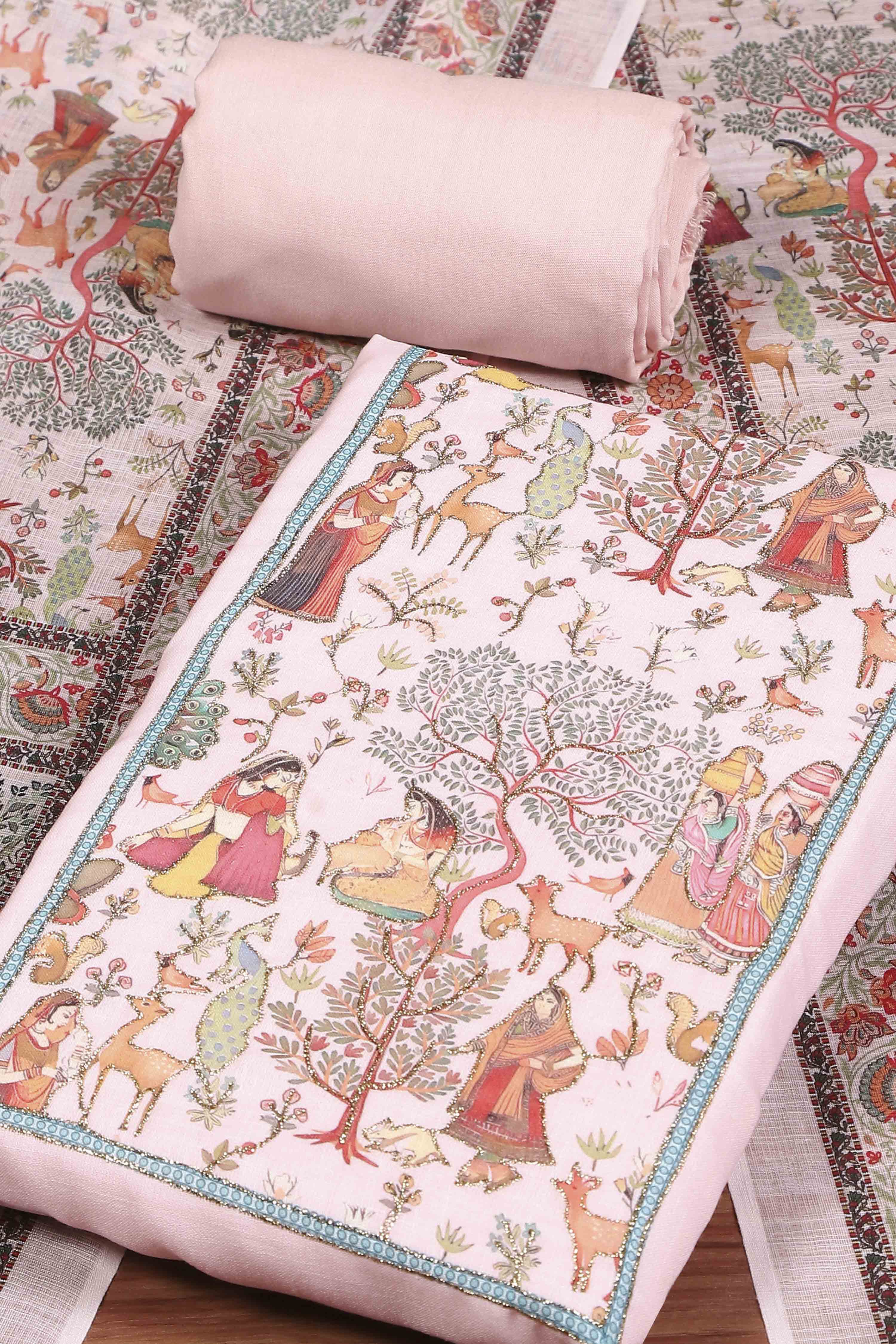 Pink Cotton Printed Embroidered Unstitched Suit Set image number 1