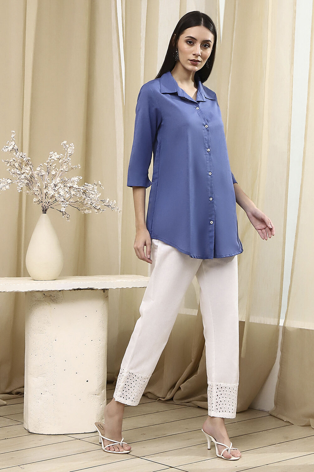 Kurti Online Shopping Womens Tops Buy Dusk Blue Cotton Blend Solid