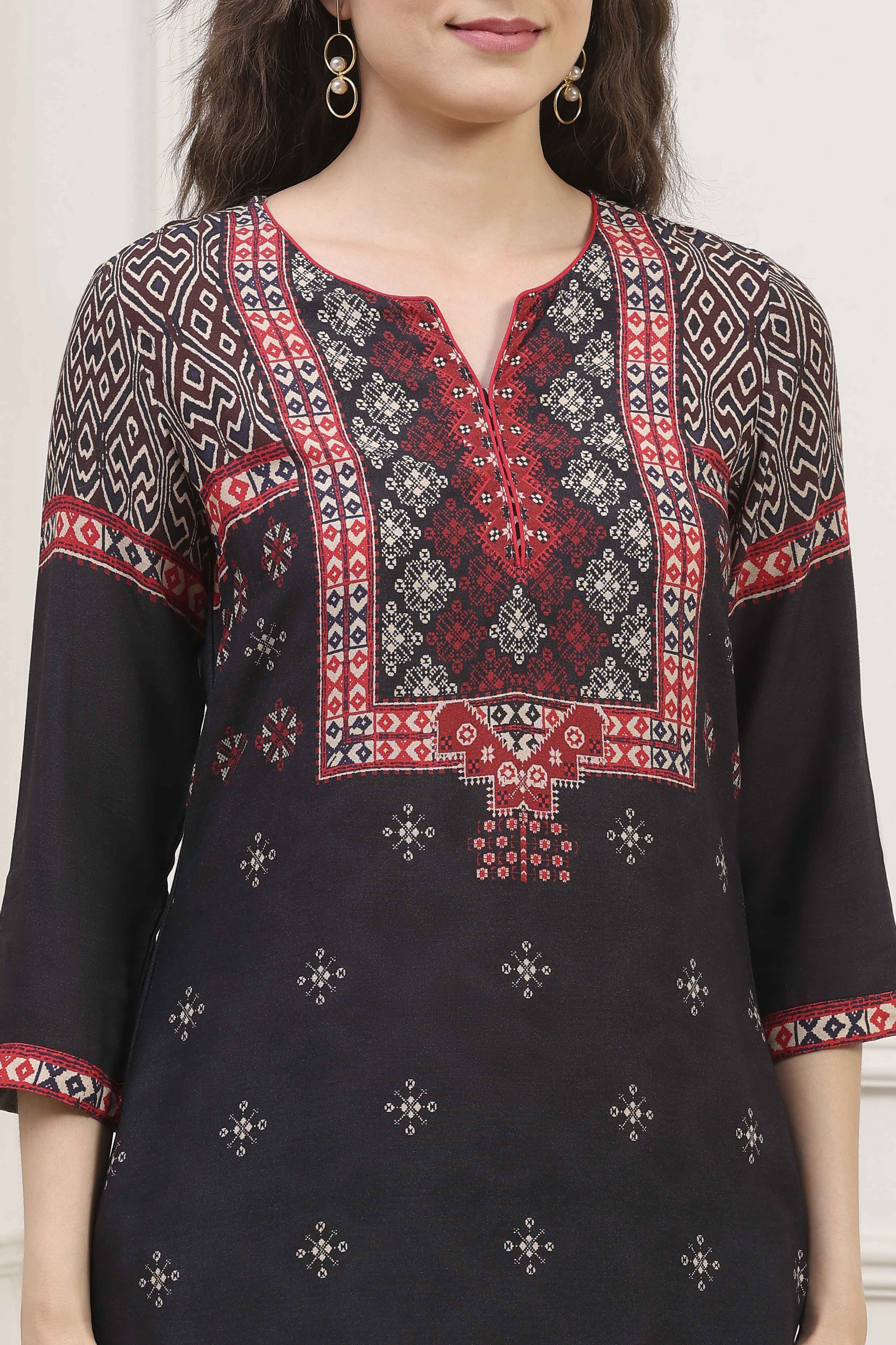 Black Rayon Straight Printed Kurta image number 1
