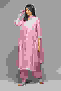 Light Mauve Cotton Blend Straight Kurta Palazzo Suit Set image number 6
