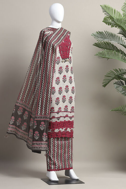 White-Pink Cotton Unstitched Suit Set image number 4
