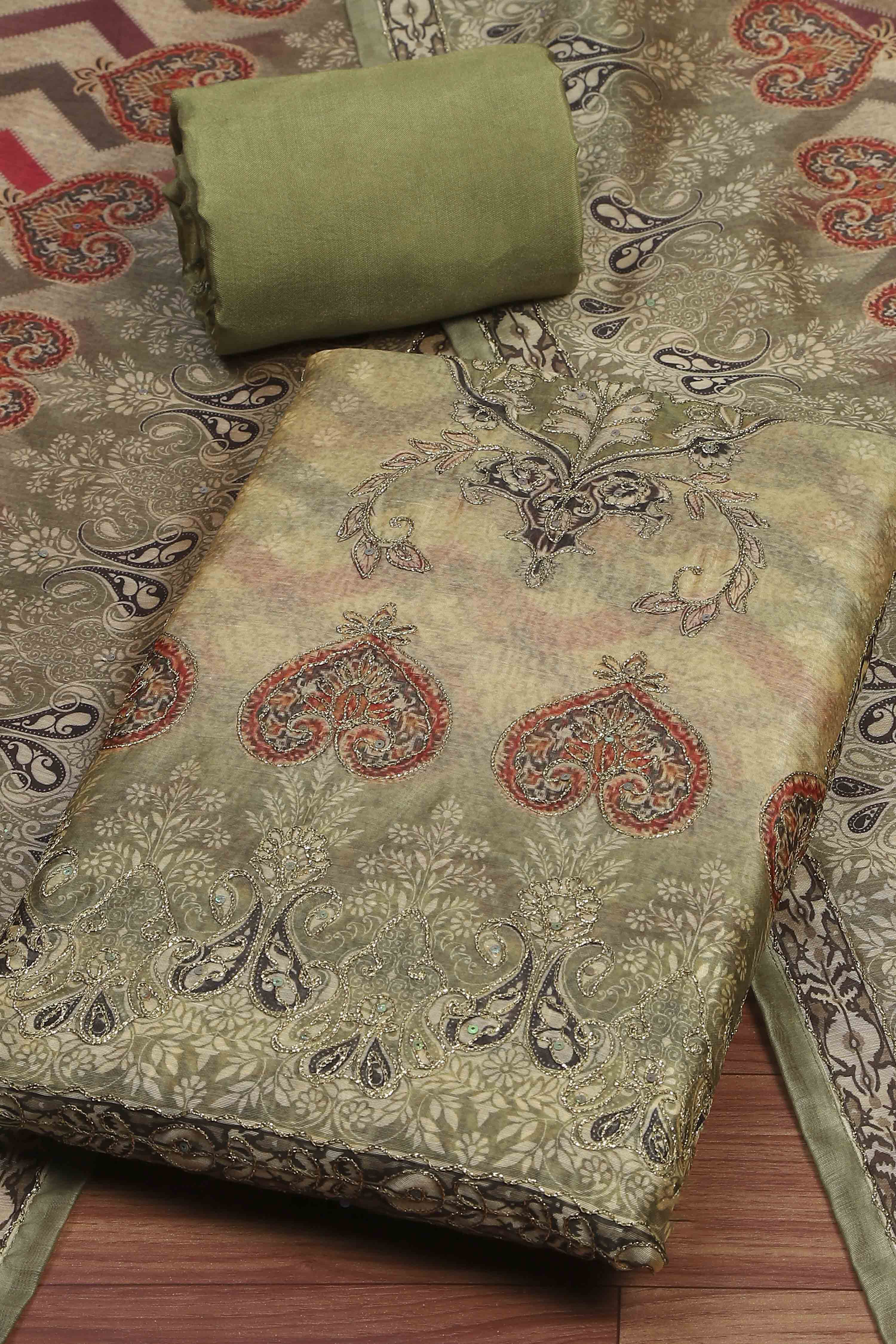 Olive Chanderi Unstitched Suit Set image number 1