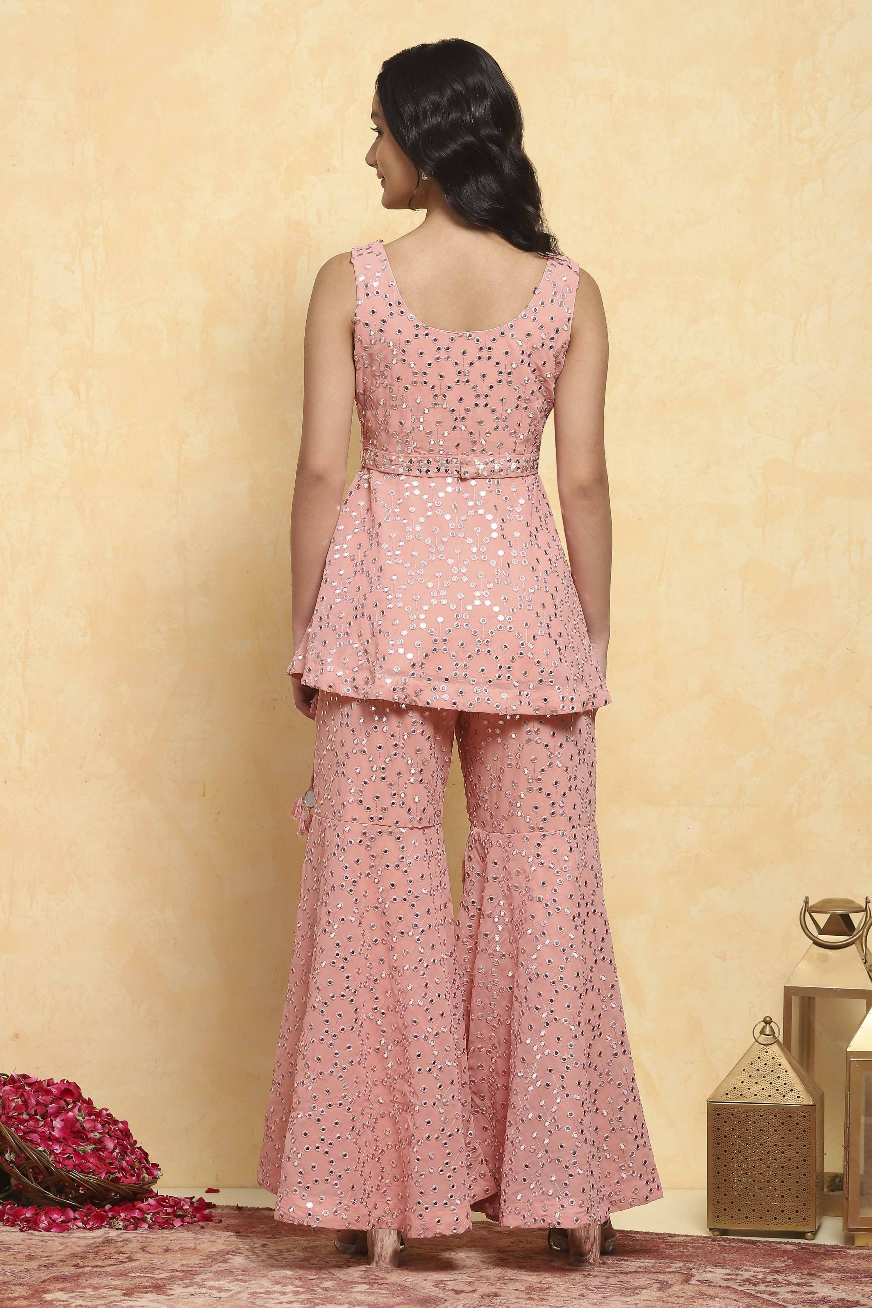 Peach Polyester Embroidered Straight Sharara Suit Set image number 4