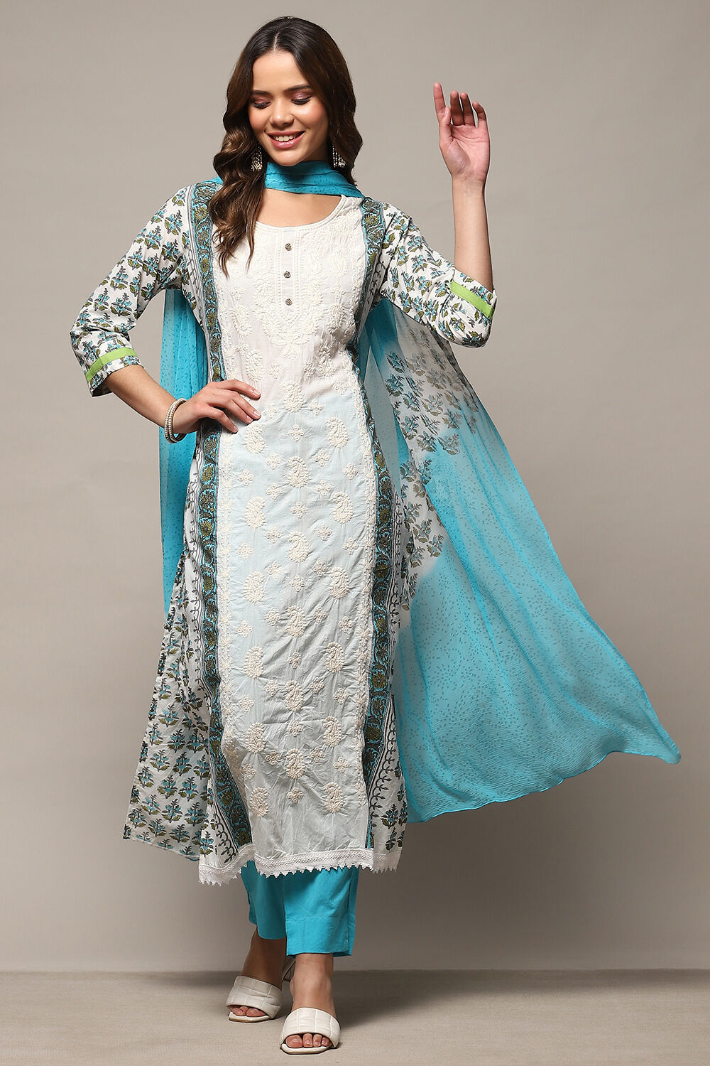 White Blue Cotton Unstitched Suit set image number 1