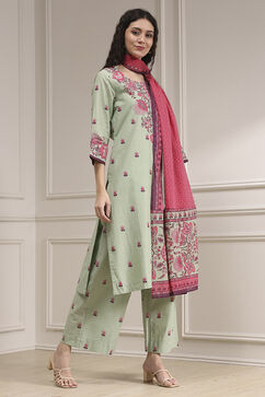 Sage Green Cotton Printed Straight Suit Set image number 5