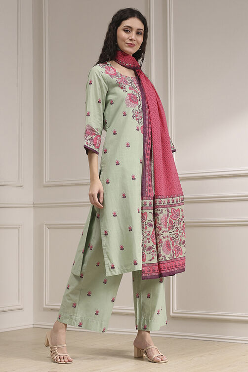 Sage Green Cotton Printed Straight Suit Set image number 5