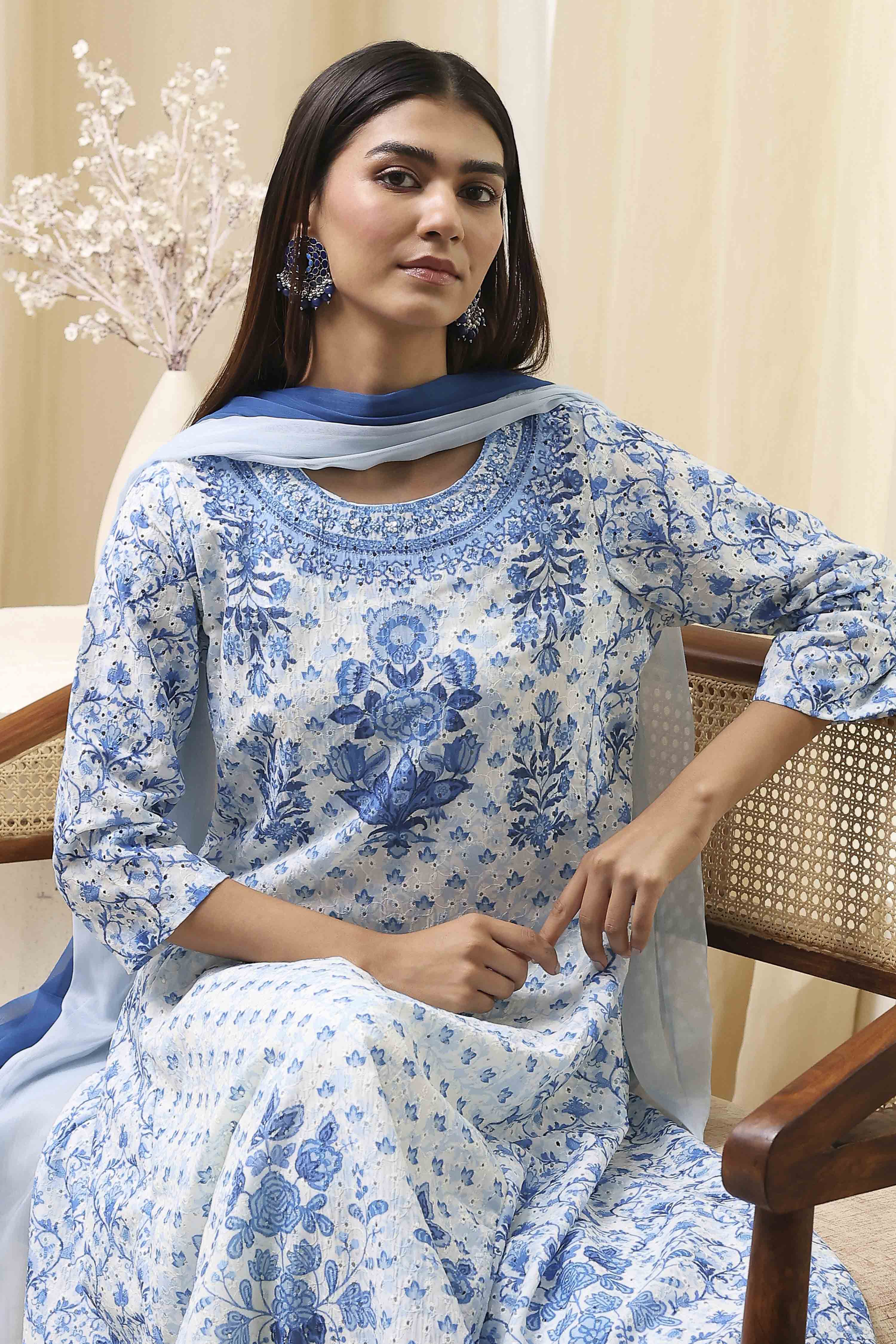 Off-White and Blue Cotton Floral Kalidar Suit Set image number 0