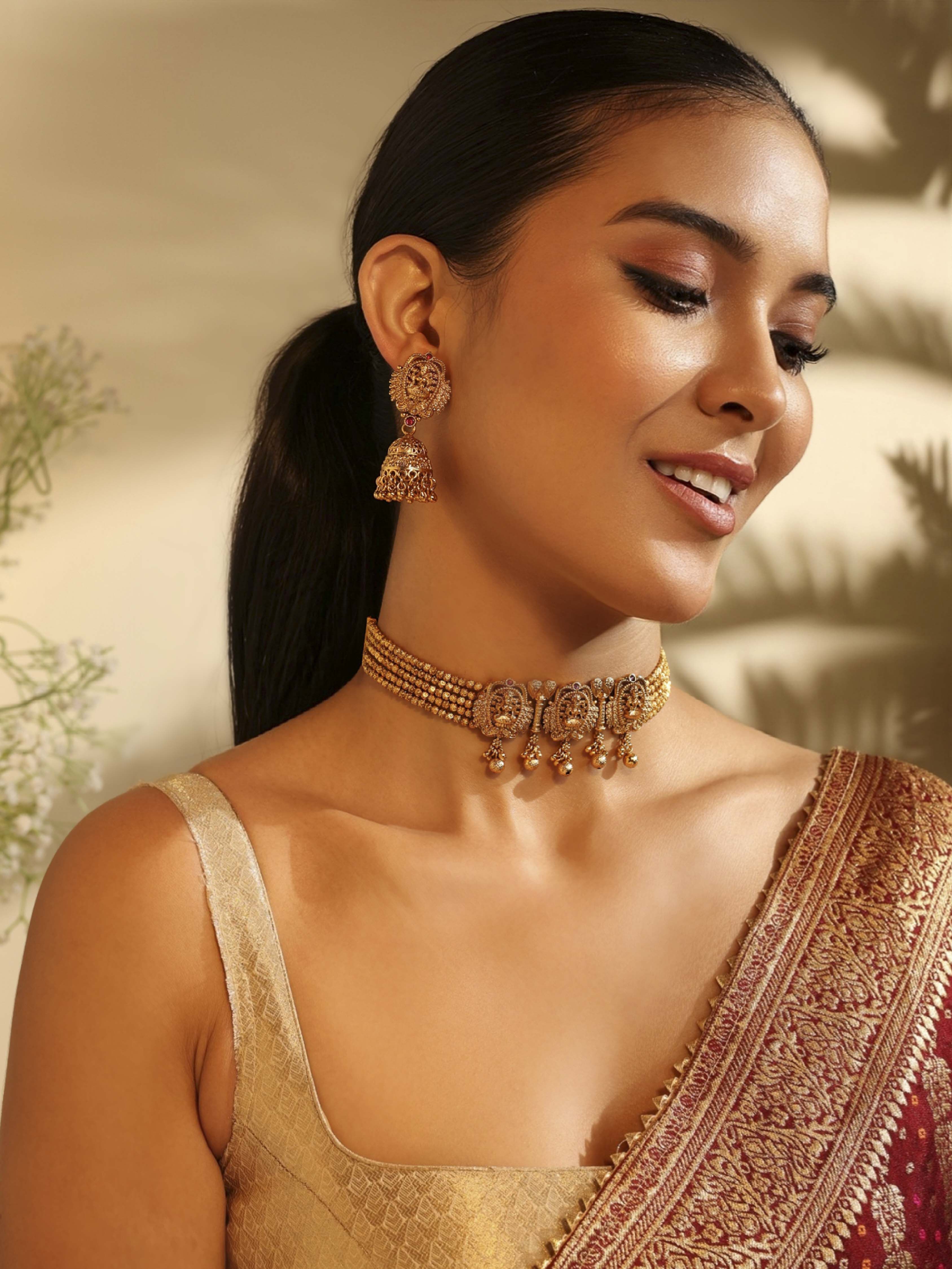 Gold Plated Brass Choker Necklace Set with Jhumka image number 3