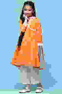 Orange Cotton Printed Flared Kurta White Palazzo & Dupatta image number 4