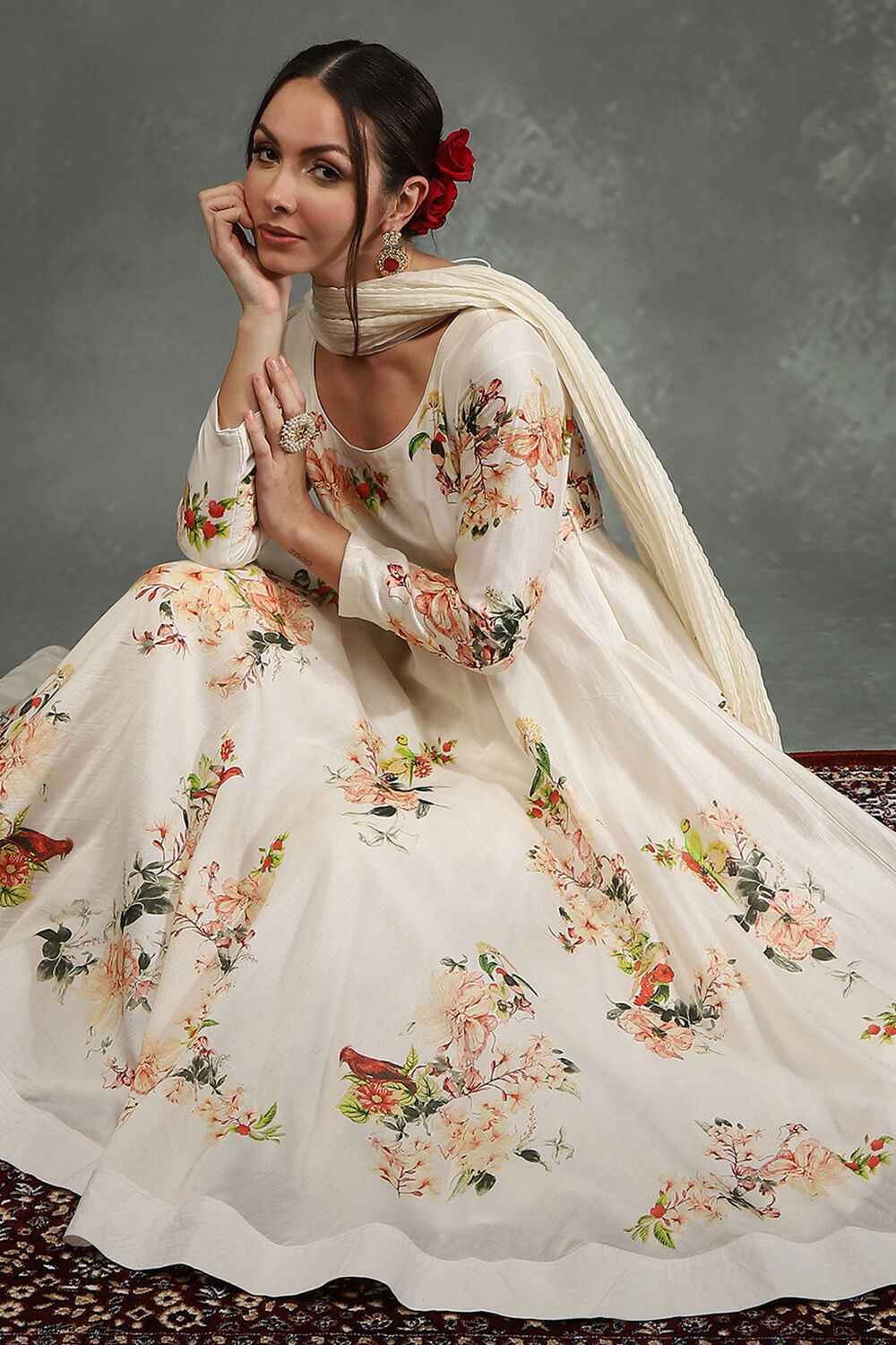 Rohit Bal Black Silk Chanderi Floral Printed Anarkali Suit Set image number 0