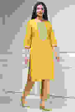 Lime Green Cotton Solid Straight Kurta image number 4