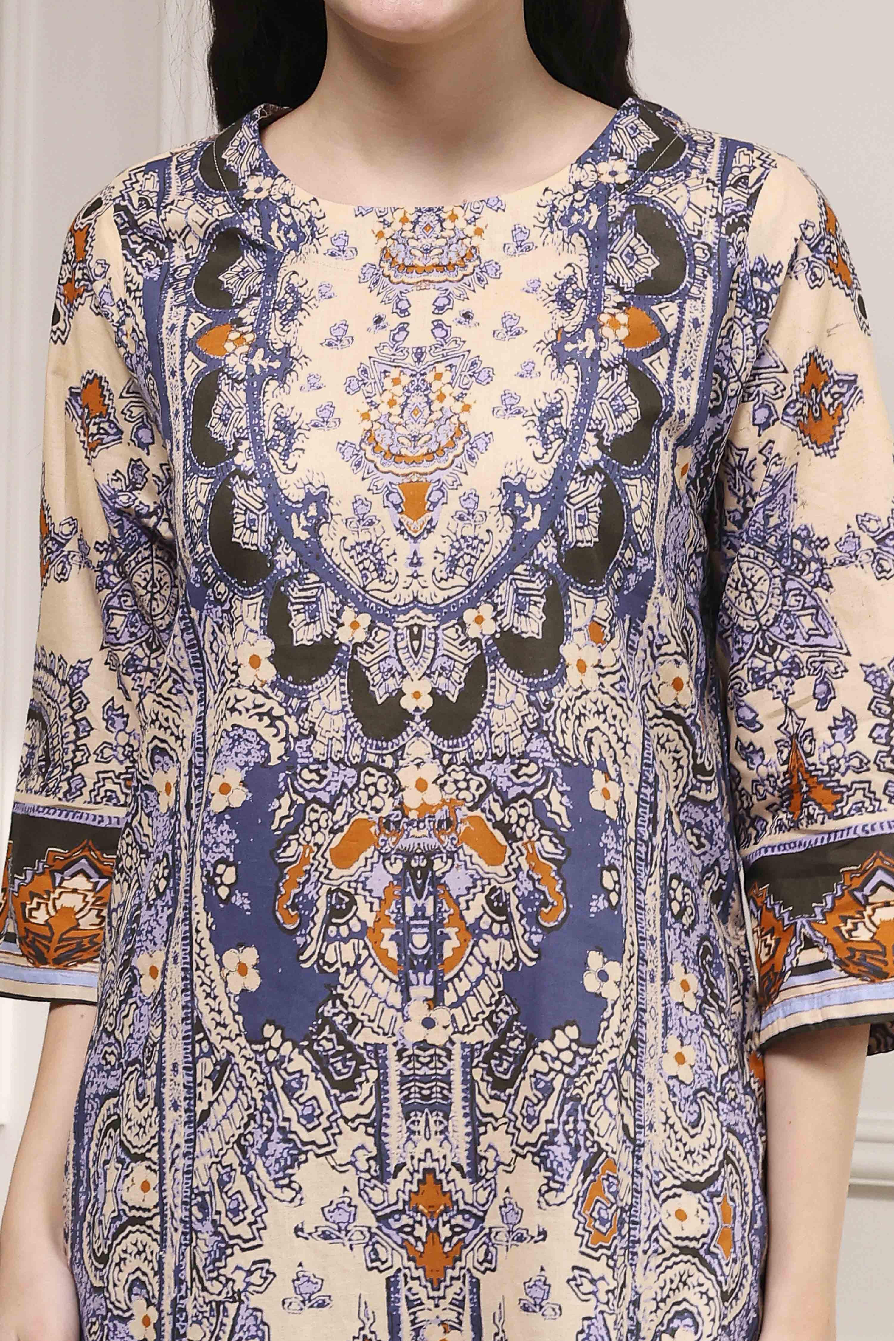 Navy Blue and Beige Cotton Straight Suit Set image number 1