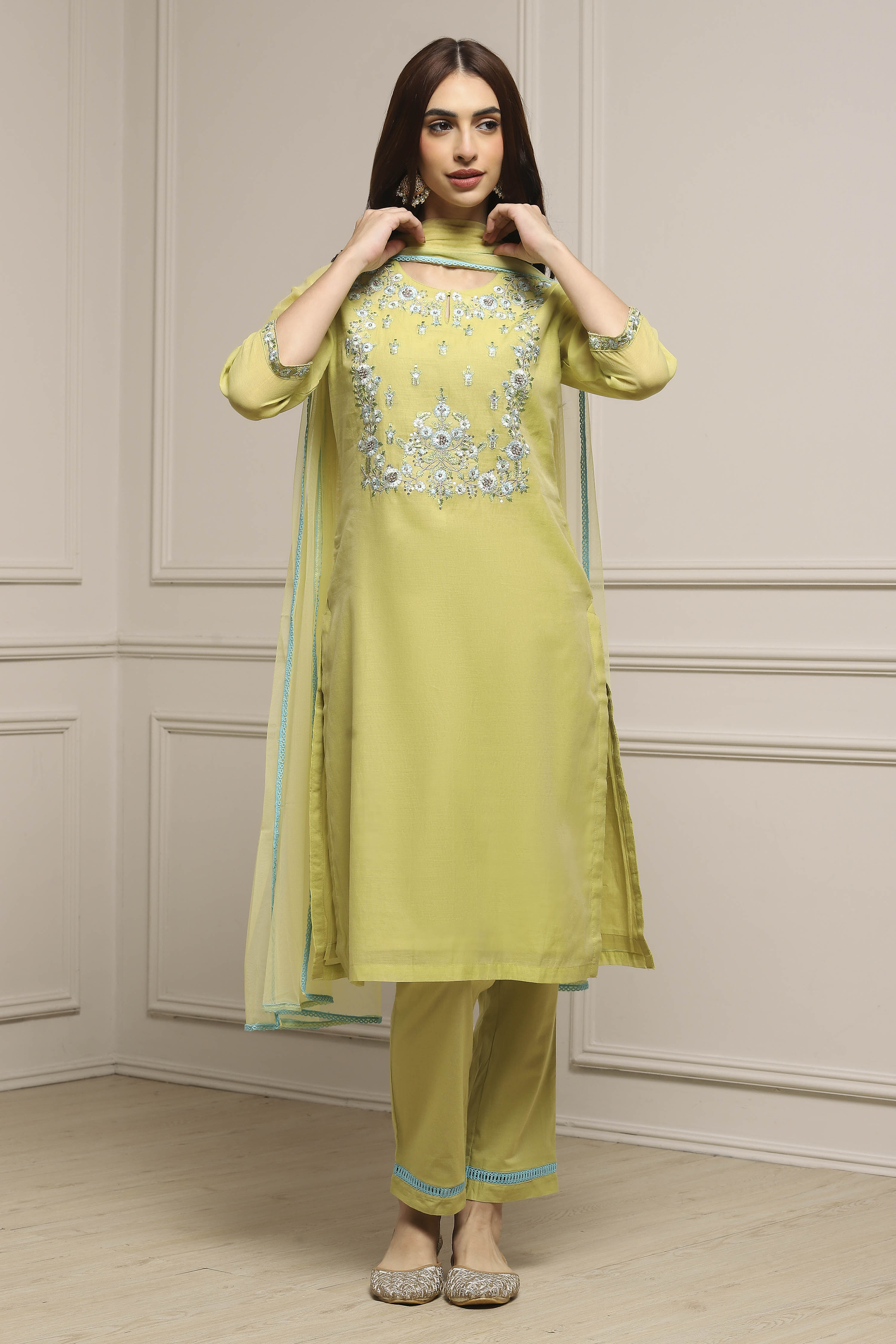 Sage Green Art Silk A-Line Kurta Regular Pant Suit Set image number 5
