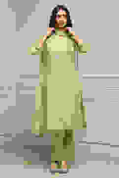 Sage Green Art Silk A-Line Kurta Regular Pant Suit Set image number 5