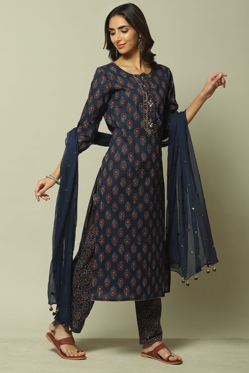 Indigo Cotton Hand Block Print Unstitched Suit Set image number 4