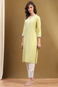 Light Lime Green Cotton Solid Regular Fit Straight Kurta image number 2